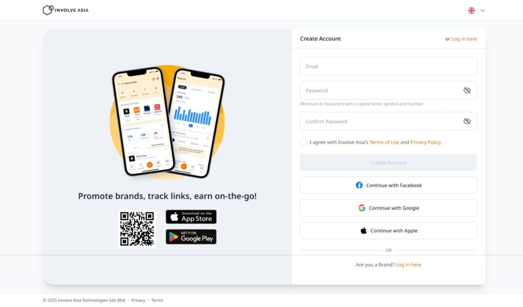 	注册 Involve Asia 联盟营销账号页面