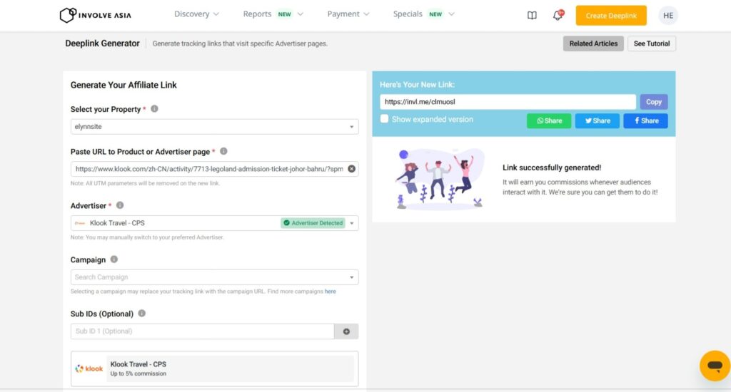 使用 Involve Asia 的推广连结工具，将你想推荐的商品网址转换为专属追踪连结，一键分享赚佣金！